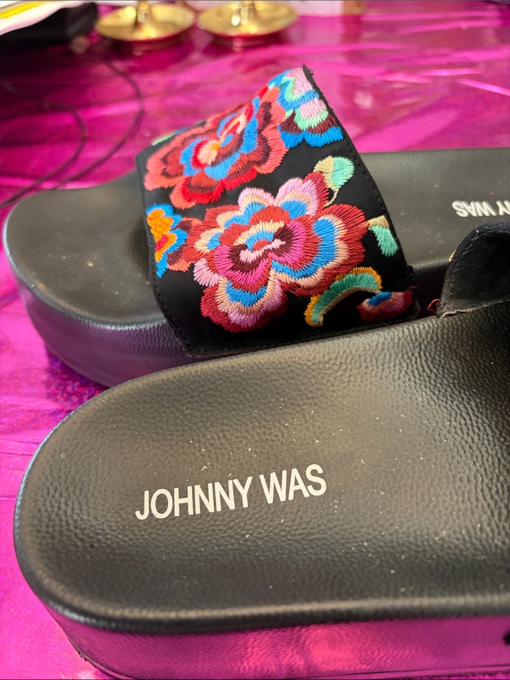 Johnny Was Black Slide Sandals with Bright Floral Embroidery - Picture 2 of 3